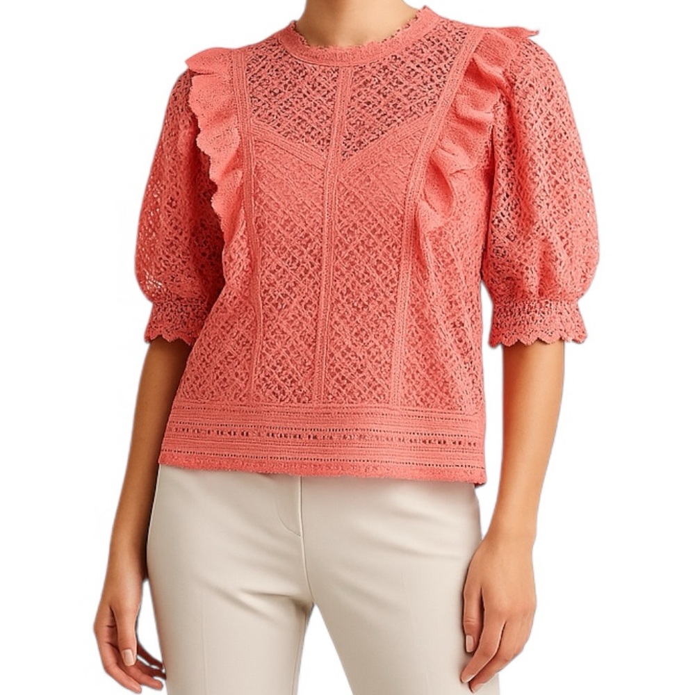 Ultra Pink Coral Crochet Lace Ruffle Blouse Short Sleeve Boho Top XL NWT Holiday